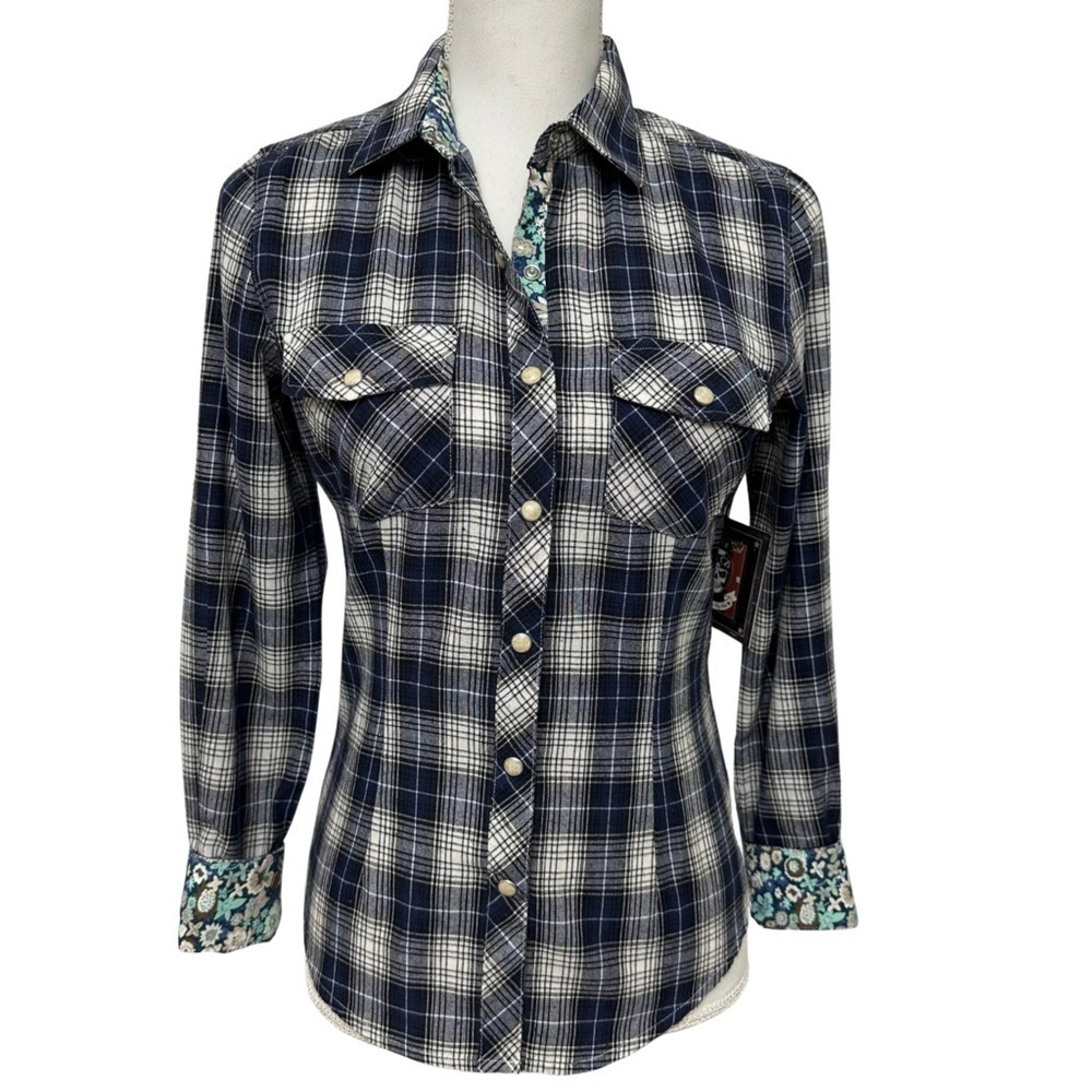 Women's Navy and White Plaid Button-Down Shirt